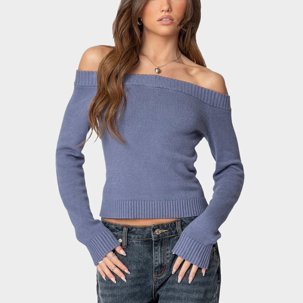 EDIKTED Elona Off Shoulder Knit Blue Top Large NWT Ribbed Fitted Effortless
